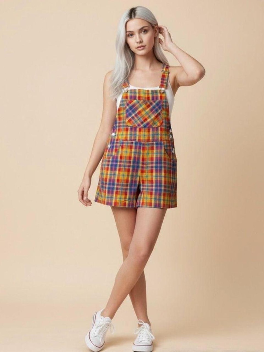NWT WeWoreWhat Rainbow Plaid Overall Shorts